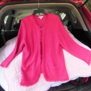 Kim Rogers Bright Pink Cardi Sweater Fringe embellishments Size XL